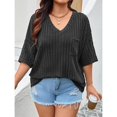 thumbnail image 3 of Plus Size Women Ribbed Knit T‑Shirt V‑Neck Half Sleeve Loose Casual Top, 3 of 6