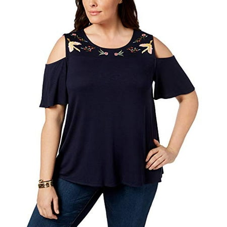Style & Co. Womens Plus Size Embroidered Cold-Shoulder Top (Navy Blue, 2X)