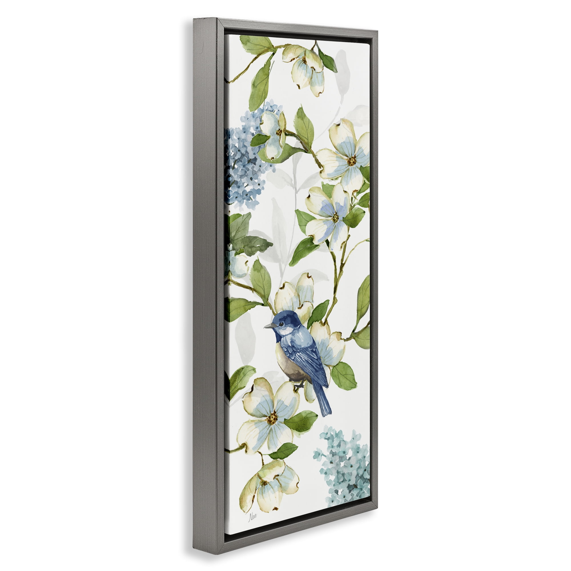 Stupell Industries Dogwood Flowers & Bird Plants & Flowers Painting Gray Floater Framed Canvas Art Print Wall Art, 11 x 25