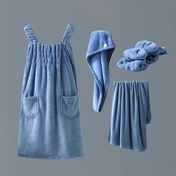 Mifsaly Womens 4 Piece Plush Bath Dress Set Absorbent Sleeveless Wrap Shower Robe with Pockets,Hair Towel Wrap, Dry Hair Cap & Bath Towel Blue,Free Size