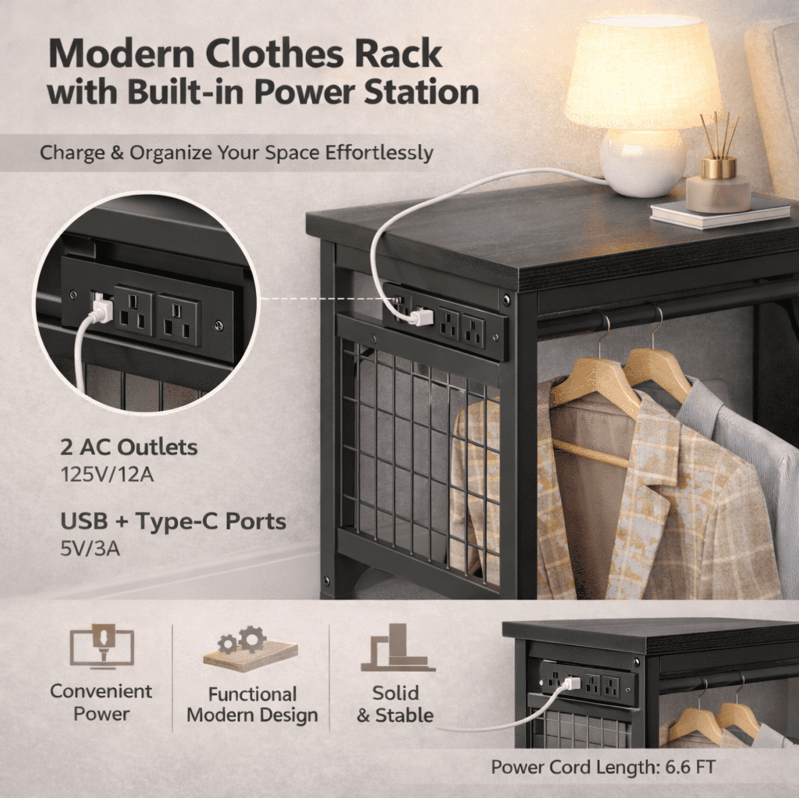Simple Deluxe Storage Clothes Rack with 6 Drawers, Charging Station & LED Lights, Fabric Chest Shelves Clothing Rack, Wooden Portable Wardrobe Closet, 49.2" W x 15.7" D x 47.2" H, Black