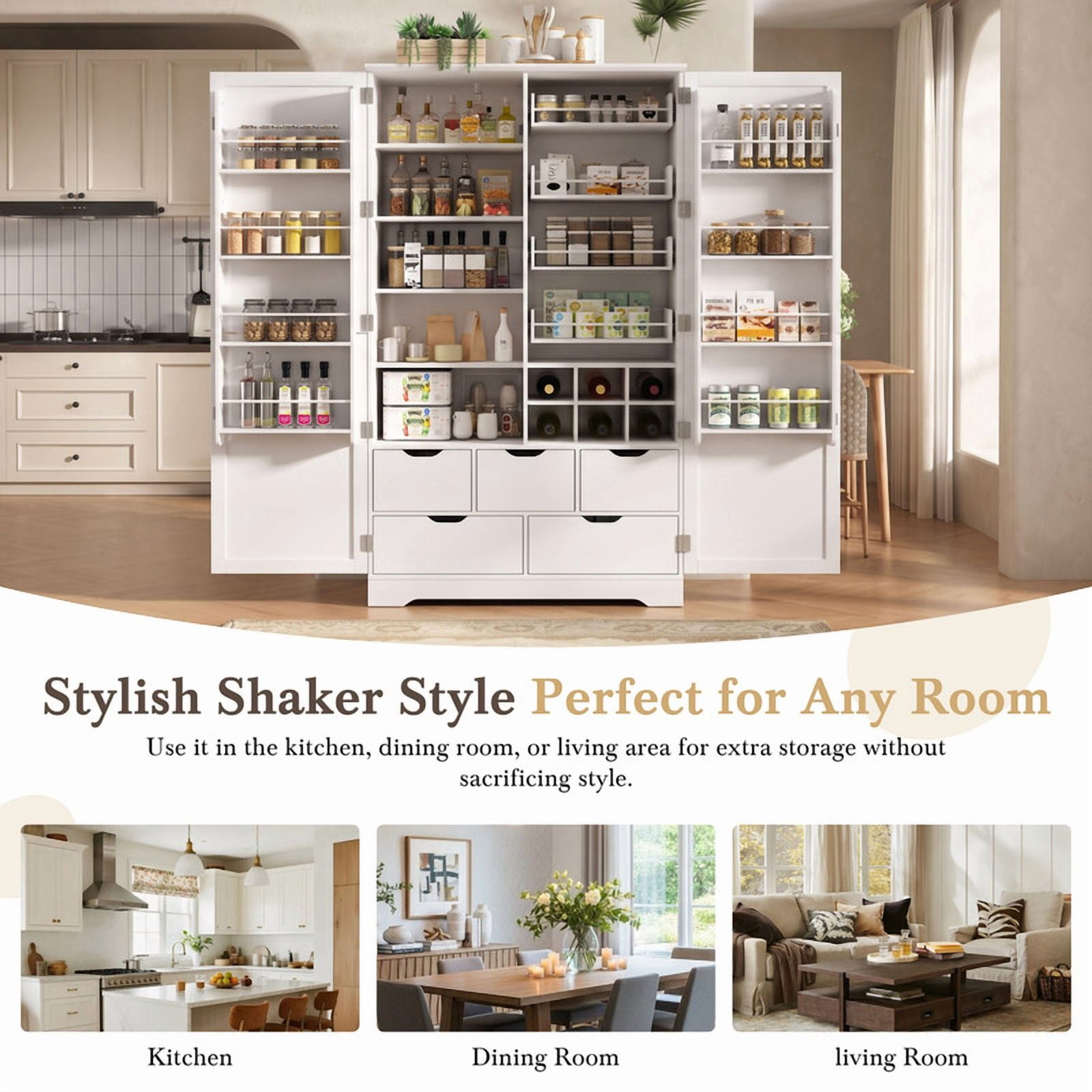All-in-One Kitchen Pantry Bar Cabinet with Drawers, Hidden Trays, Racks & Adjustable Shelves, Freestanding Storage Cupboard
