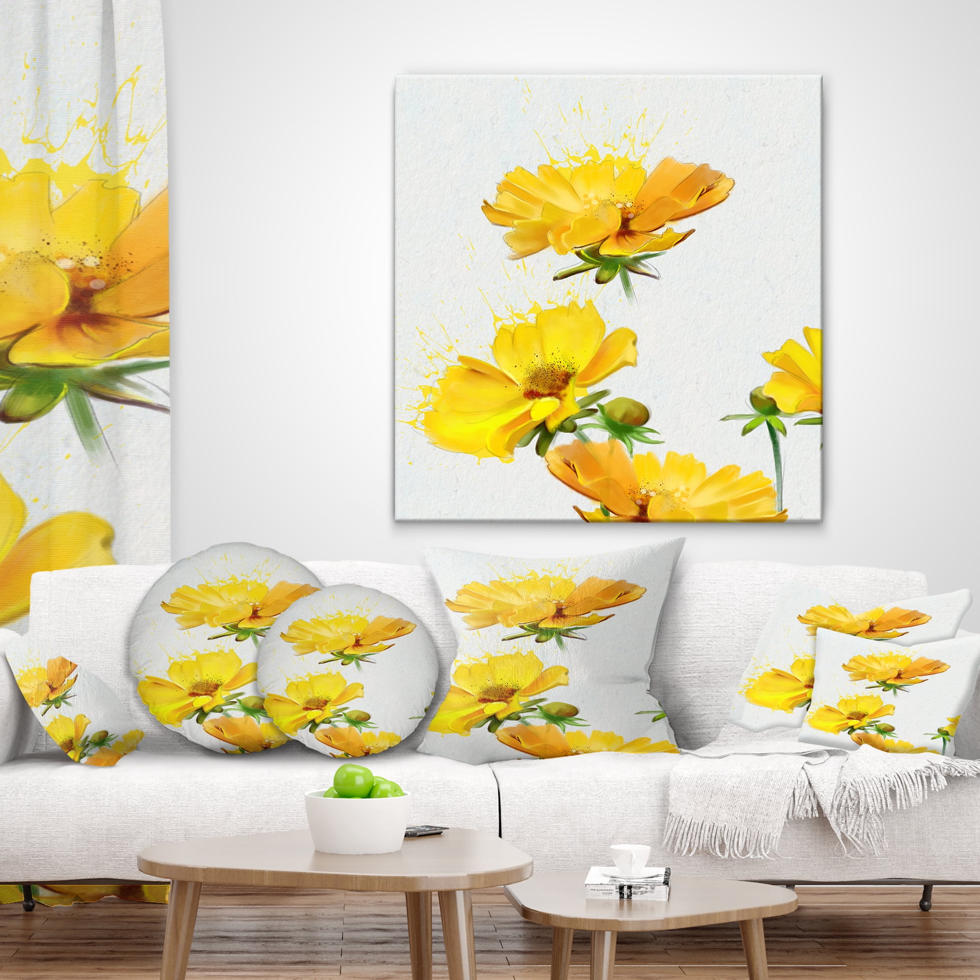 Designart Beautiful Yellow Flowers on White - Floral Throw Pillow - 12x20