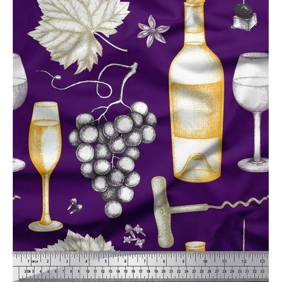 Soimoi Cotton Duck Fabric Grapes,Wine Glass & Bottle Print Fabric by the Yard 56 Inch Wide