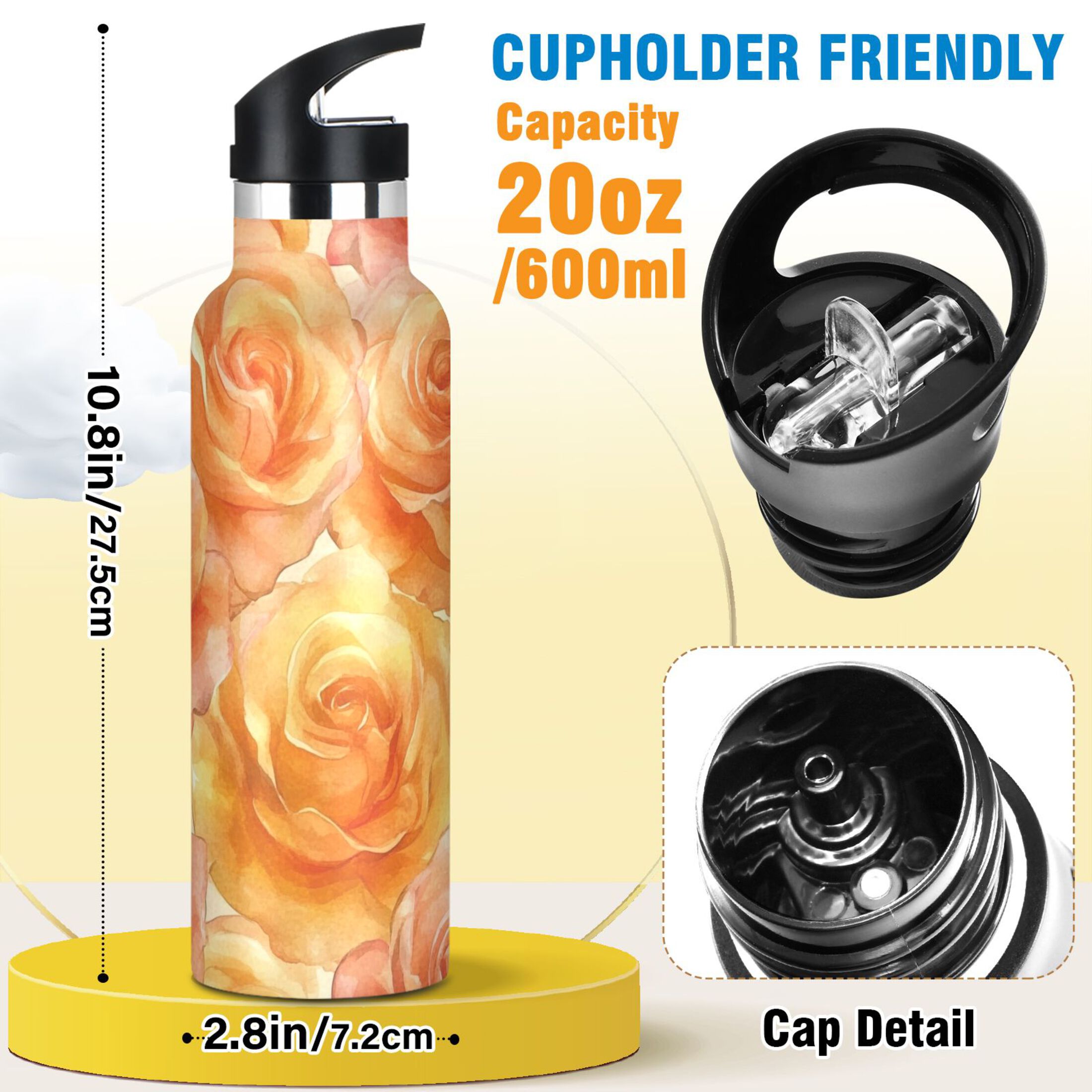 600ML Stainless Steel Insulated Cup Sports Water Bottle Portable Thermos Cup Water Glasses Insulated Tumblers Convenient and Durable Orange Roses Seamless