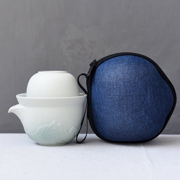 Juego de té de viaje con taza Estuche portátil Tetera personal de cerámica Juego de una tetera y dos tazas de cerámica negra