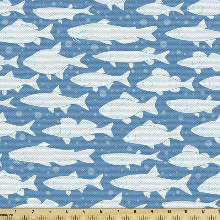 Nautical Fabric by the Yard, Monochrome Silhouettes of Fish and