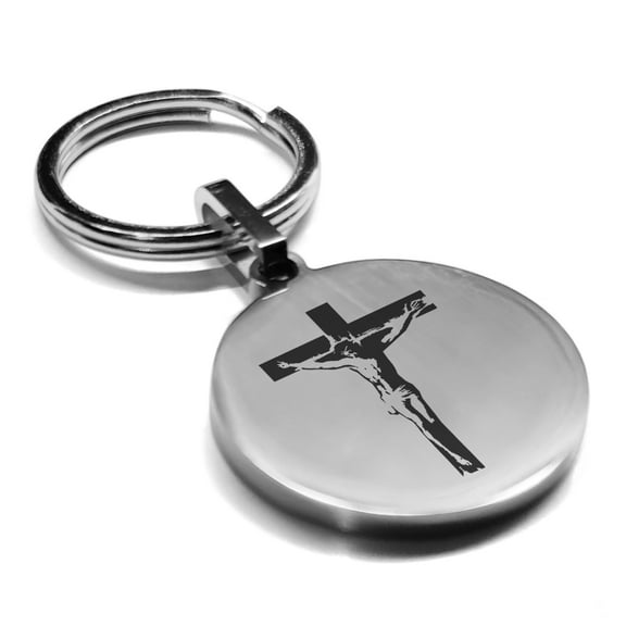 Stainless Steel Religious Cross Crucifix Round Medallion Keychain Circle Ring