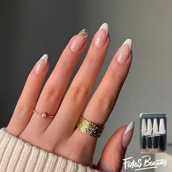 Fofosbeauty 24pcs Almond Nails Designs 2022, Medium Press on Nails French Tip Nails, Sunshine White