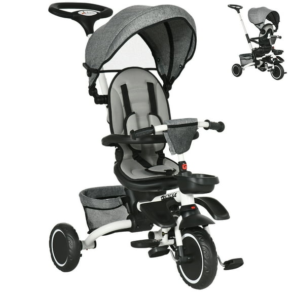 Aosom Tricycle 6-en-1 pour Tout-Petits de 12 à 50 Mois, Tricycle Pliable pour Enfants avec Siège et Poignée de Poussée Réglables, Harnais de Sécurité, Auvent Amovible, Repose-Pieds, Gris