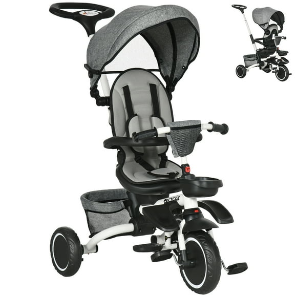 Aosom Tricycle 6-en-1 pour Tout-Petits de 12 à 50 Mois, Tricycle Pliable pour Enfants avec Siège et Poignée de Poussée Réglables, Harnais de Sécurité, Auvent Amovible, Repose-Pieds, Gris