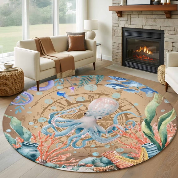 Large Round Rug 8Ft Washable Non-Slip, Octopus Coastal Circle Area Rugs for Living Room Bedroom, Summer Nautical Starfish Coral Brown Anchor Indoor Floor Mats Carpet Runner for Home Decor