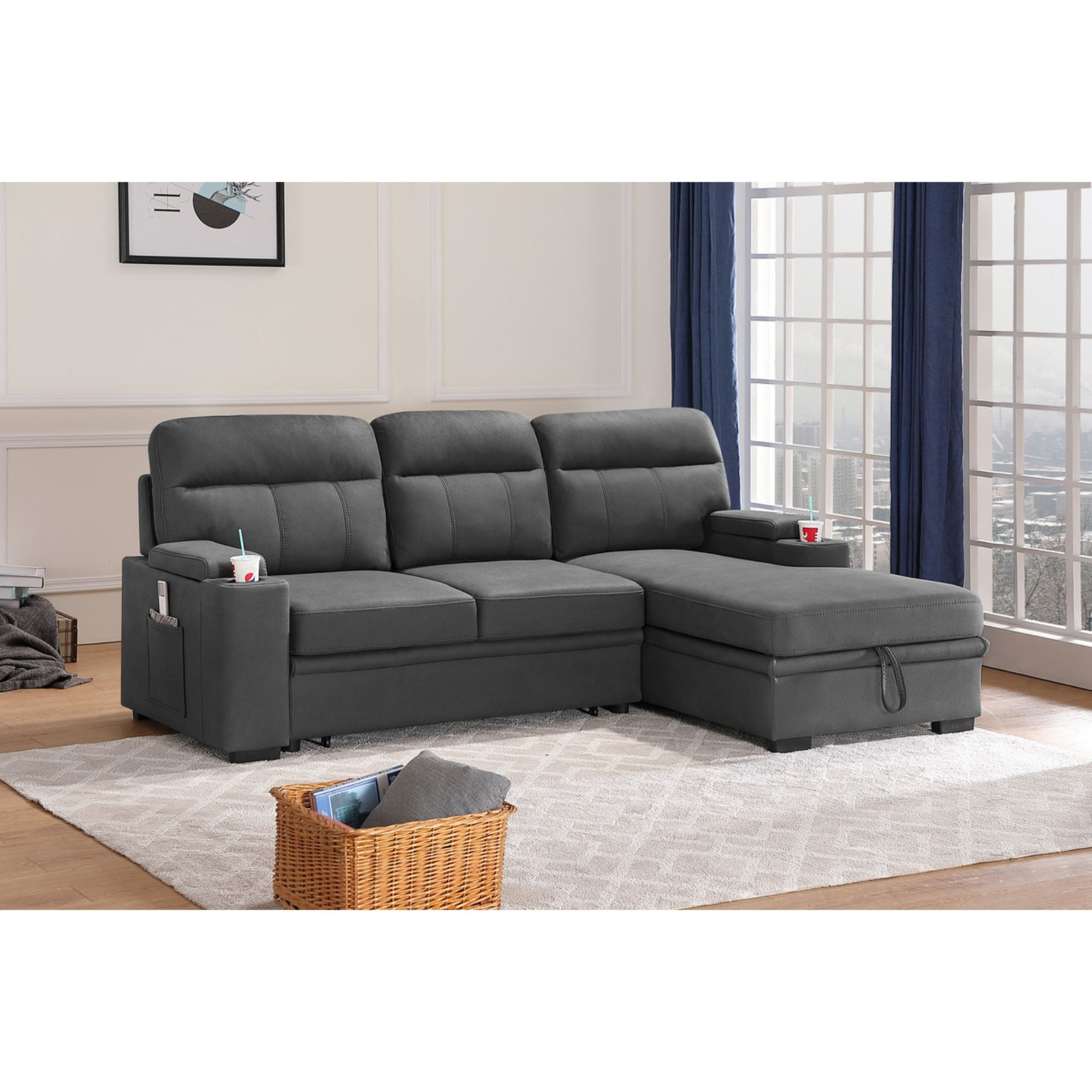Modern Reversible Sleeper Sectional Sofa Storage Chaise Fabric Faux Leather Gray 