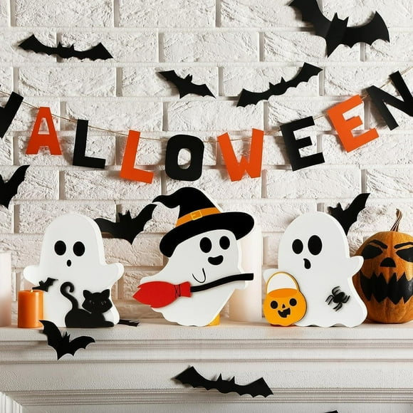 Riforla Halloween 3 Pcs Cute Decorations for Indoors Decorations Wooden Tiered Tray Decor Table Sign Bat Witch Signs Pumpkin for Party Home Event & Party White 11cm