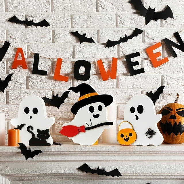 3 Pcs Cute Decorations For Indoors Decorations Wooden Tiered Tray Table Sign Bat Witch Signs Pumpkin For Party Home Large Event Tent Party Flags on A String Event Table And Chairs Set Party