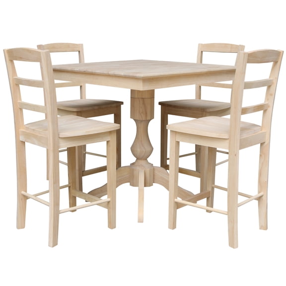 International Concepts 36" x 36" Square Top Pedestal Table With 4 Counter Height Stools (Set of 5) - Unfinished