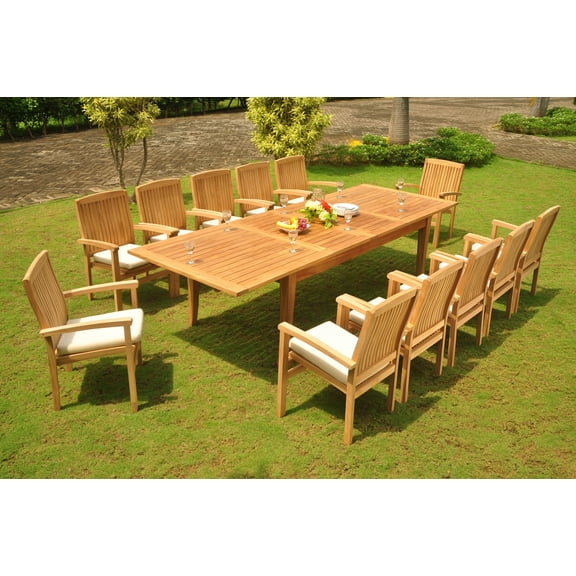 Grade-A Teak Dining Set: 10 Seater 11 Pc: 122" Atnas Double Extension Rectangle Table And 10 Wave Stacking Arm Chairs Outdoor WholesaleTeak #WMDSWV15