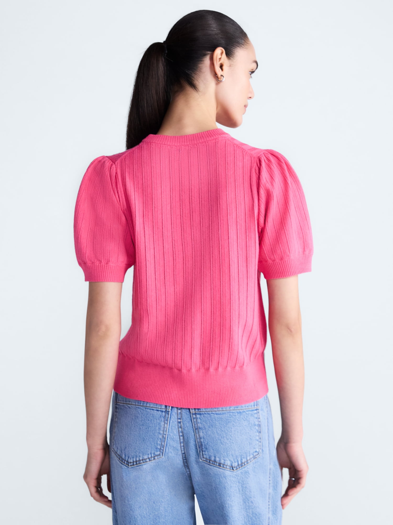 Free Assembly Women’s and Women's Plus Pointelle Sweater with Puff Sleeves, Sizes XS-4X