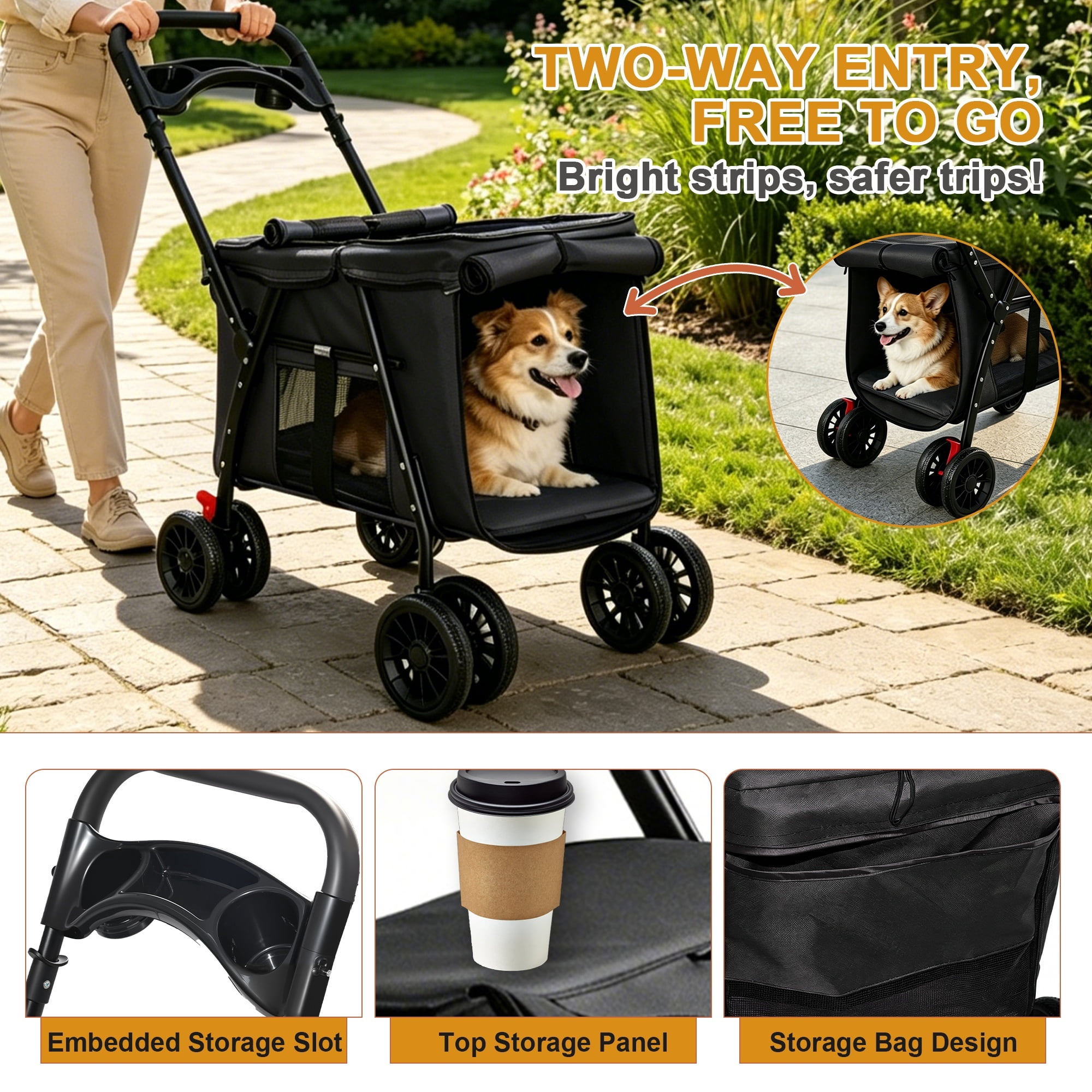 4-Wheel Folding Pet Stroller for Small Dogs and Cats, Pet Rolling Carrier with Storage Bag, Breathable Mesh & 2 Safety Leashes