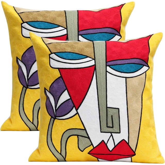 Juego de 2 fundas de almohada cuadradas decorativas, arte abstracto bordado, funda de cojín para sofá, granja, patio, jardín, sofá, sillas, 18.0 x 18.0 in (máscara de hombre)