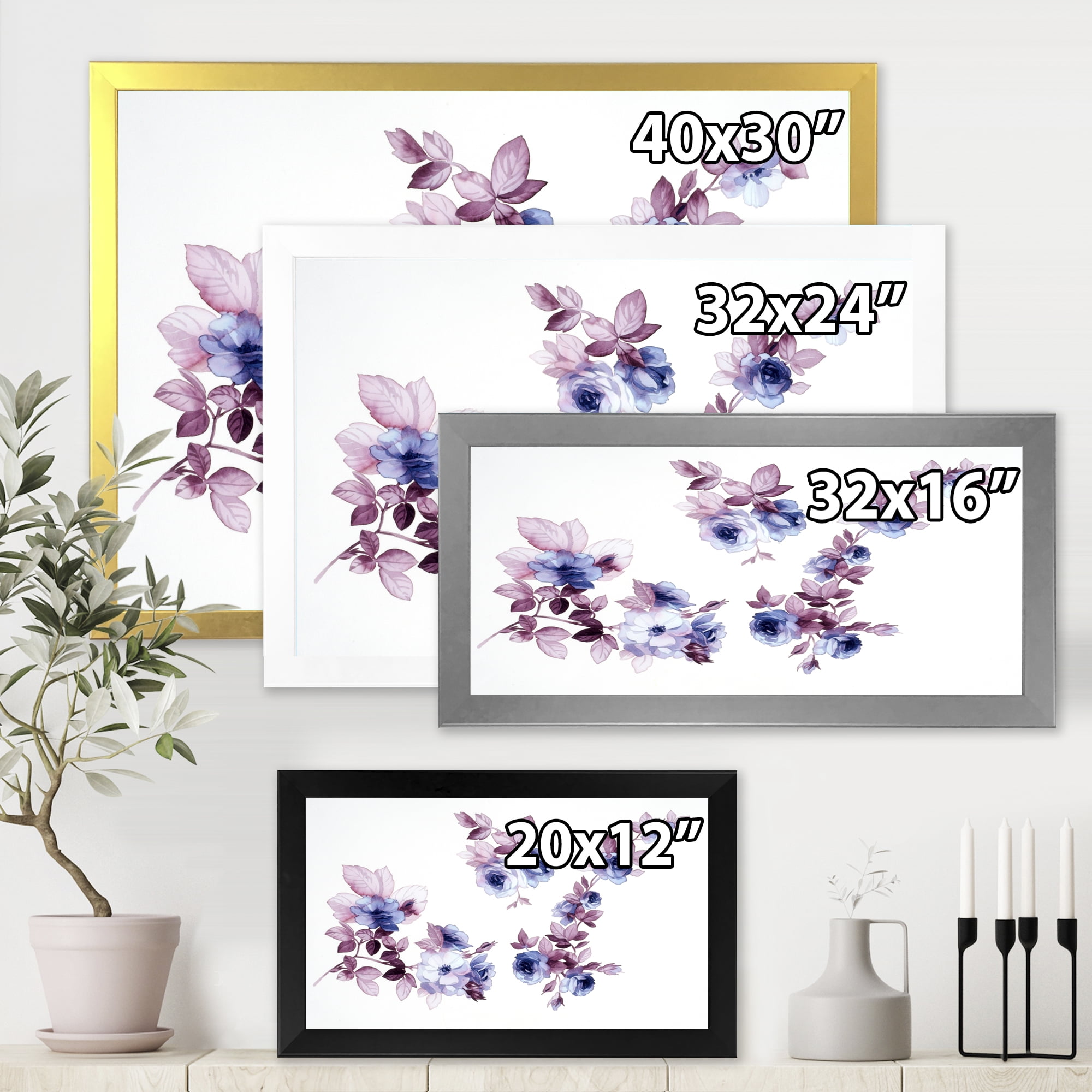 Designart 'Purple Wildflowers On White I' Traditional Framed Art Print