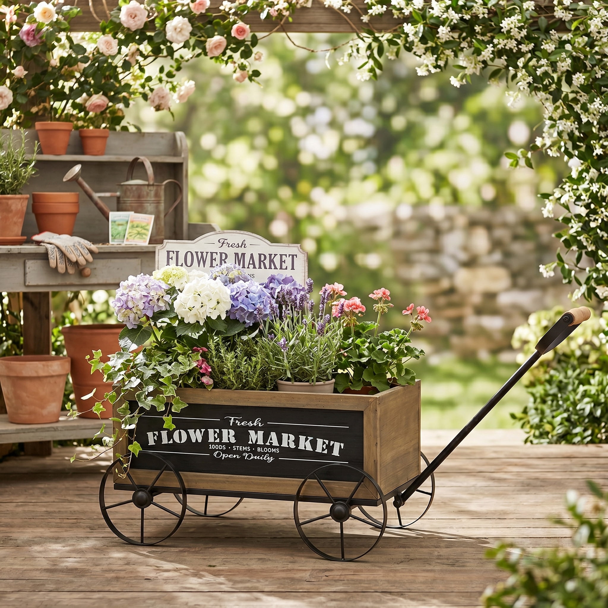 Farmhouse Flower Market Wagon Planter 16.5x9.5x8 Inch Black Metal Wheels for Tabletop Kitchen Counter