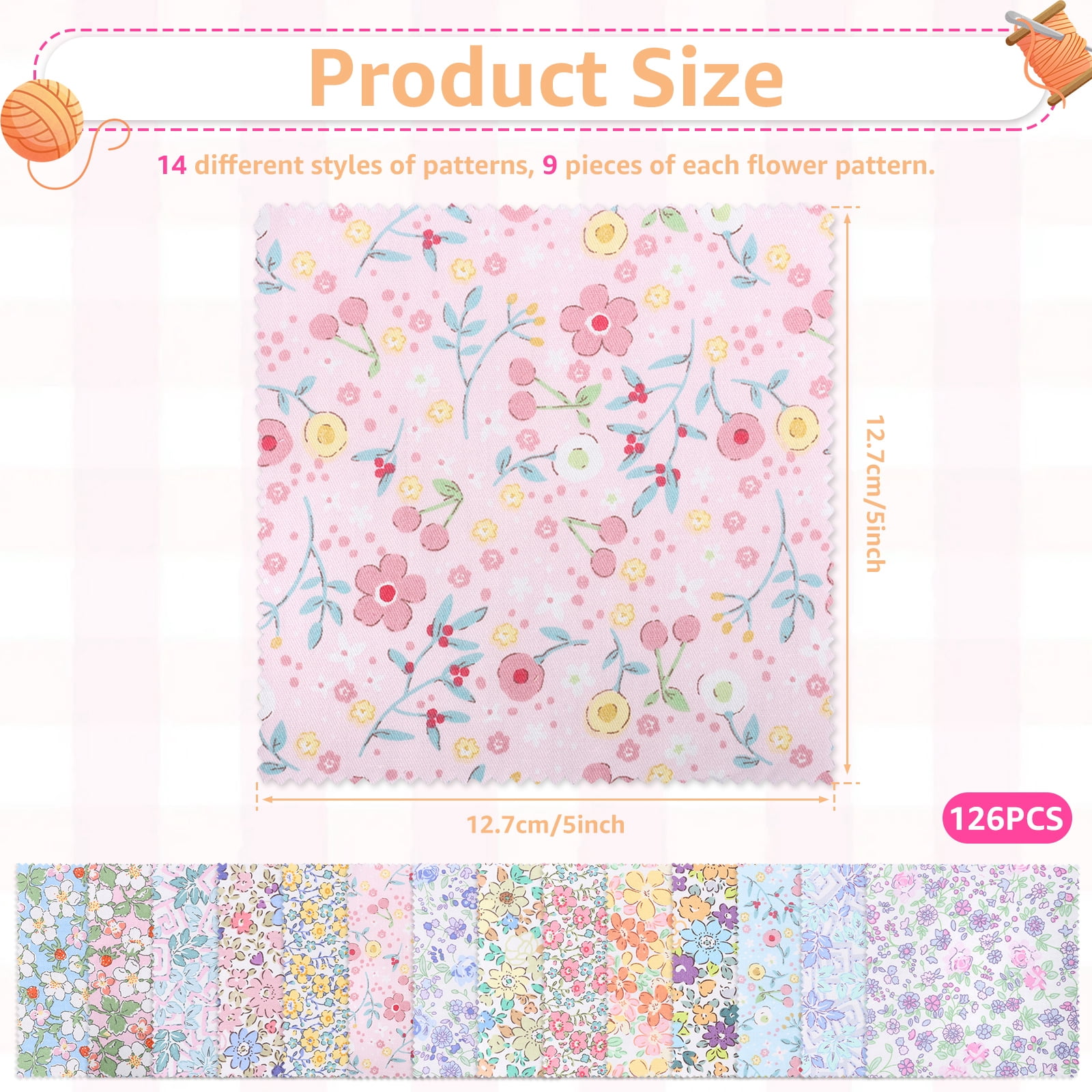 Evjurcn 126 Pcs Colourful Charm Packs for Quilting 5x5 inch Cotton Fabric Squares Bundle Pre-Cut Quilted Fabric Floral Patchwork for Sewing DIY Scrapbooking Craft Patchwork