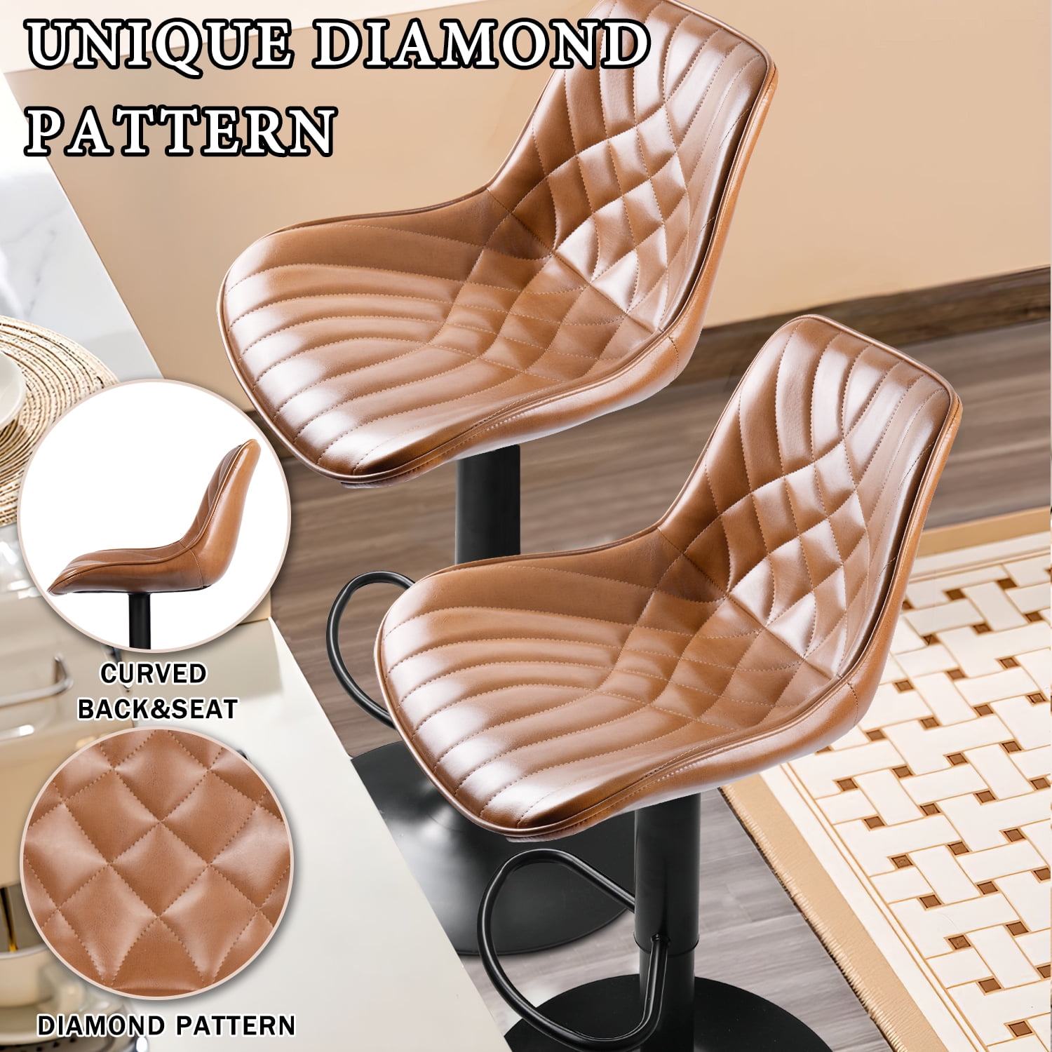 Waleaf Modern Bar Stools Set of 4, PU Leather Height Adjustable Swivel Barstools with Back