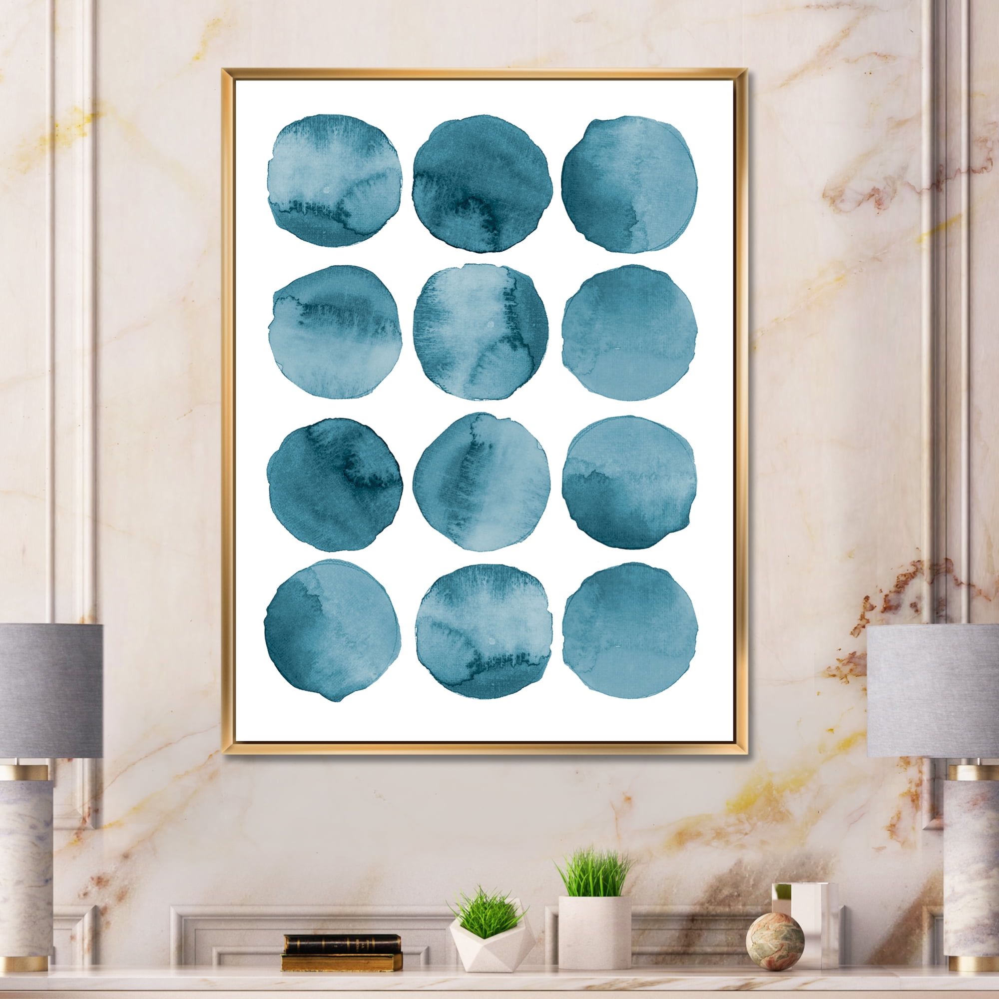 Designart 'Blue Aquamarine Circles Geometric Elements' Modern Framed Canvas Wall Art Print