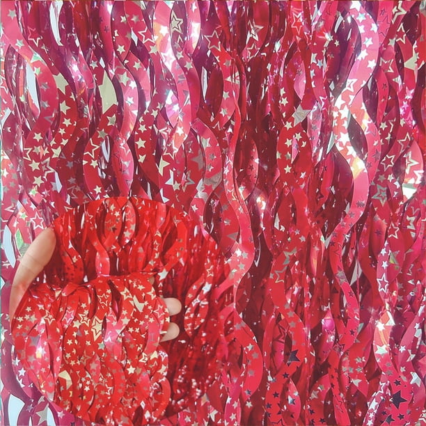 Nvzi Paquete de 5 cortinas de papel de aluminio rojo para fiesta, 3,3 pies x 6,6 pies, fondo ondulado para fotomatón, cortinas con flecos de papel de aluminio