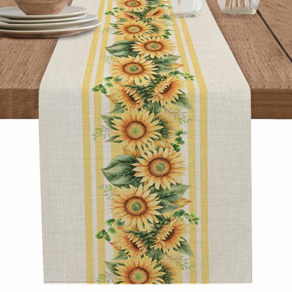 nqOlkjepod Sunflower Table Runner 108 Inches Long Farmhouse Dress Scarves, Yelllow Striped Farmhouse Country Pastoral Dining Tablerunner for Coffee Table/Kitchen Island/Party Décor, 13" x 108"