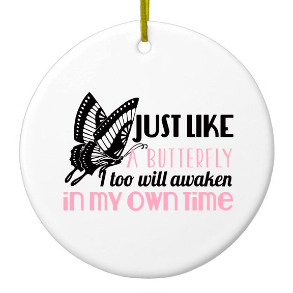DistinctInk Hanging Ceramic Christmass Tree Ornament with Gold String - Great Gift / Present - 2 3/4 inch diameter - Like a Butterfly, Awaken in My Own Time