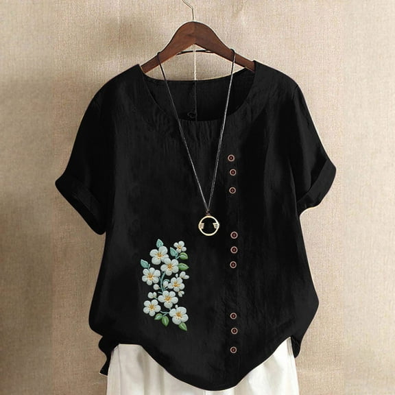 Odbmxy Womens Tee Shirts Beach Short Sleeve Tops for Women Plus Size Tunic Regular Dressy Floral Casual Tops,Black XXL
