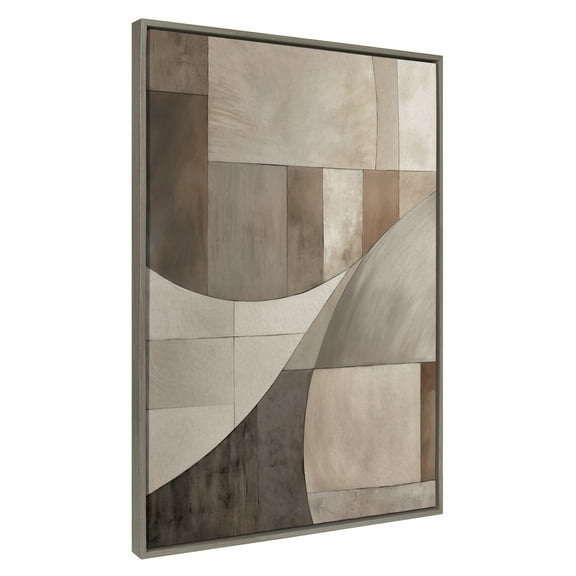 Kate and Laurel Sylvie Curved Grid Abstract on Neutral Linen Framed Canvas Wall Art by The Creative Bunch Studio, 31.5x41.5 Gray, Modern Geometric Abstract Art for Wall
