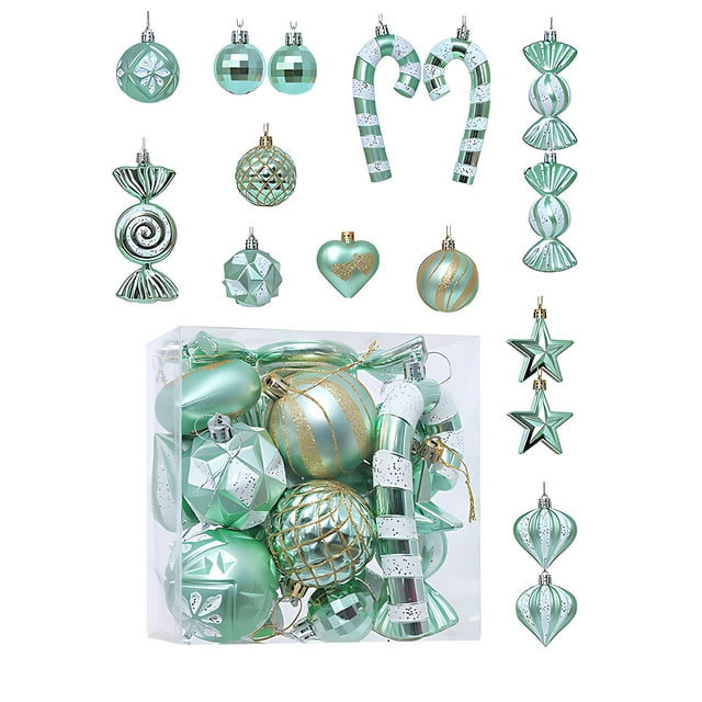 TopLLC 16 Pcs Christmas Tree Hanging Ornaments Set, Pre-Tied Shatterproof Plastic Assorted Baubles with Rope, Glitter Xmas Tree Decorative Pendants Christmas Decorations for Party Holiday Wedding