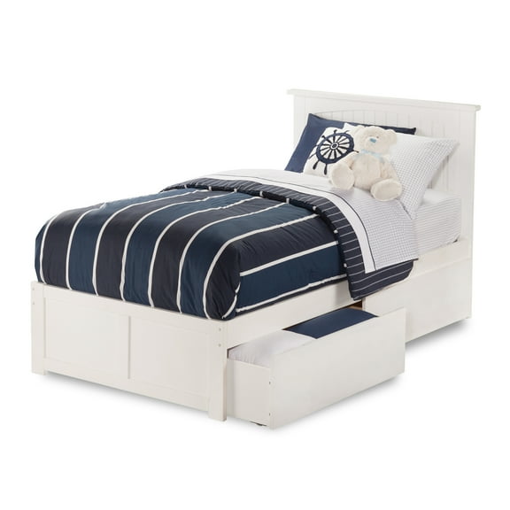 AFI Nantucket Platform Bed with Flat Panel Footboard and Turbo Charger with Urban Bed Drawers-Color:White,Size:Twin