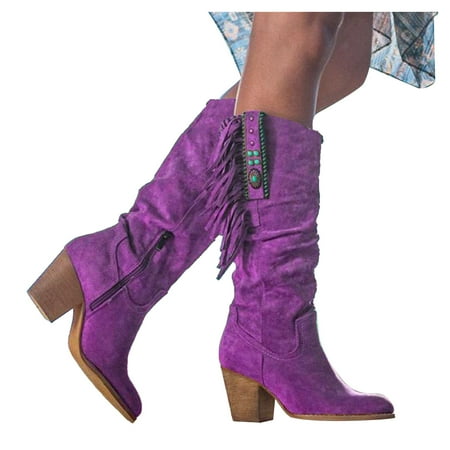 Oyedens High Heels Cowboy Cowgirl Boots for Women Retro Boho Tassel Wide Calf Knee High Boots Womens