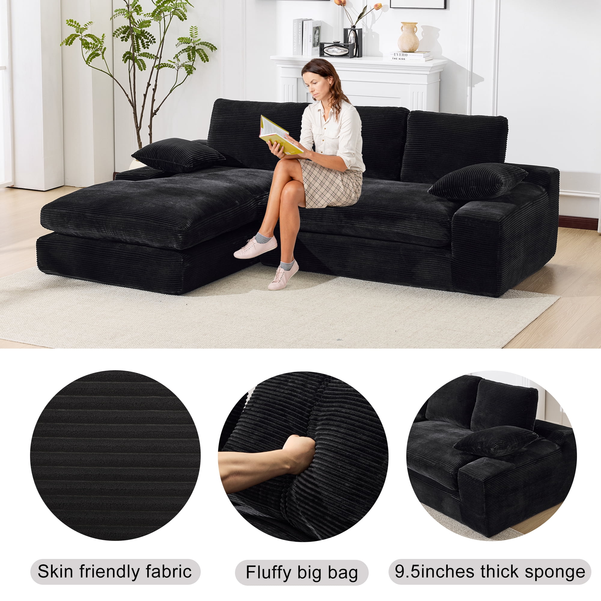 Convertible Sofa, Corduroy Compressed Sofa Bed, 3-Seat Sleeper Couch with 3 Back Cushions and 2 Throw Pillows, Soft Skin-Friendly Fabric, Wide Seat for Living Room Apartment, Black