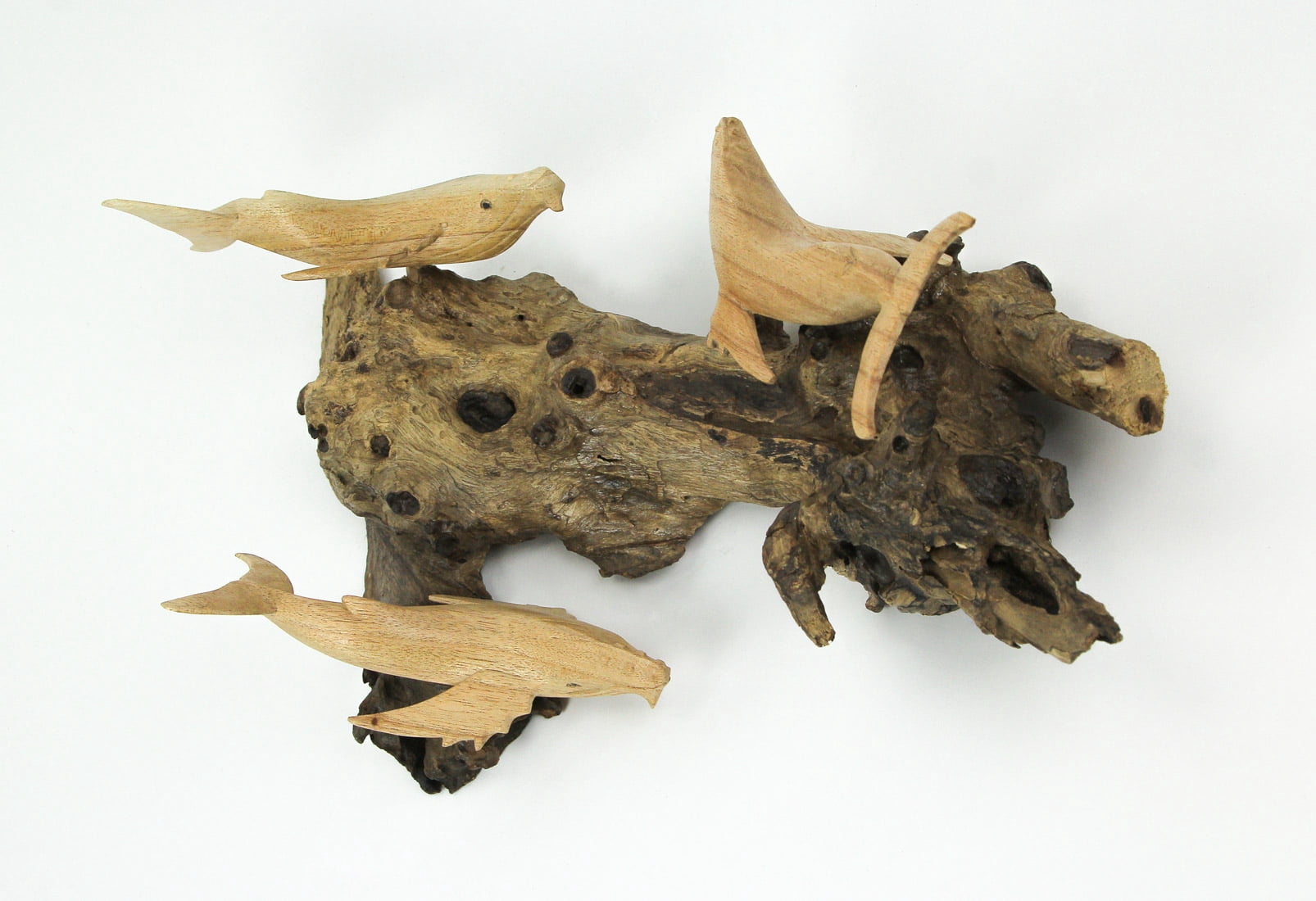 Contrast Carved Wood Humpback Whale Trio on Driftwood Base Wall Hanging