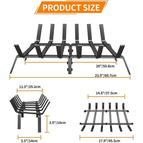 Heavy Duty 24Inch Fireplace Grate, Solid Steel Log Rack for Wood Burning, Extra Wide Firewood Grates for Indoor Fireplace & Outdoor Fire Pit, Wood Stove Grate