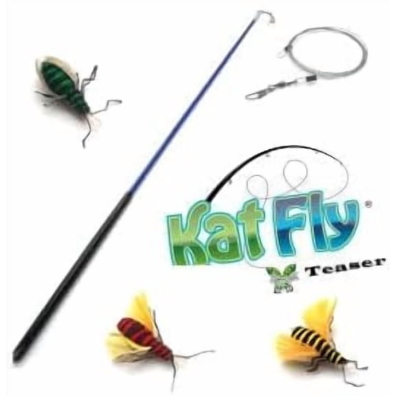 Kat Fly 2 Inch Handmade Cat Toy Teaser Bees and 21 Inch Blue Wand - 3 Pk Green, Red, Yellow, Natural Material Toys