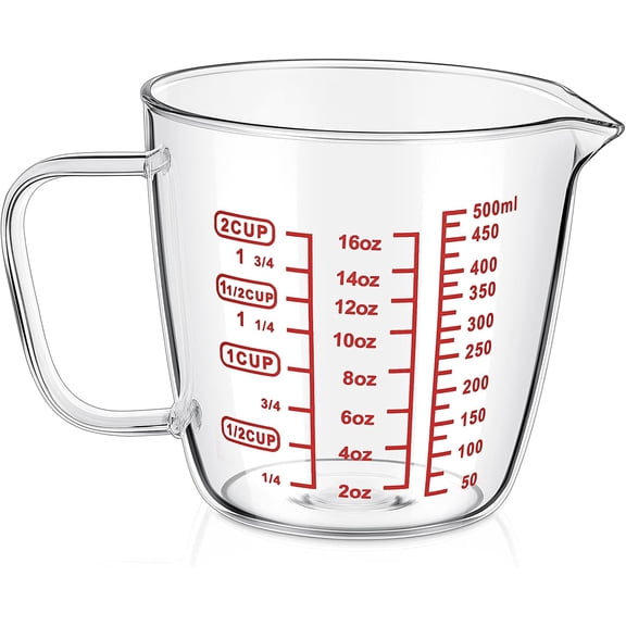 Left Handed Glass Measuring Cup 2 Cup Clear 16 oz Measuring Beaker with Handle and V Shaped Spout 500 ml for Kitchen, Restaurant, Liquid, Easy to Read, Red Measurements