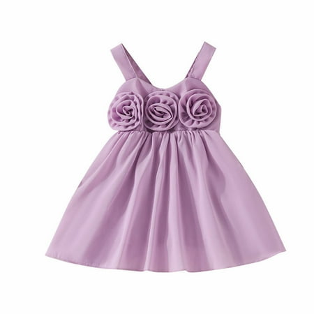 

Young Children Solid Color Dress Casual Baby Girl Flower Printed Suspender Dress Baby Sundress Streetwear