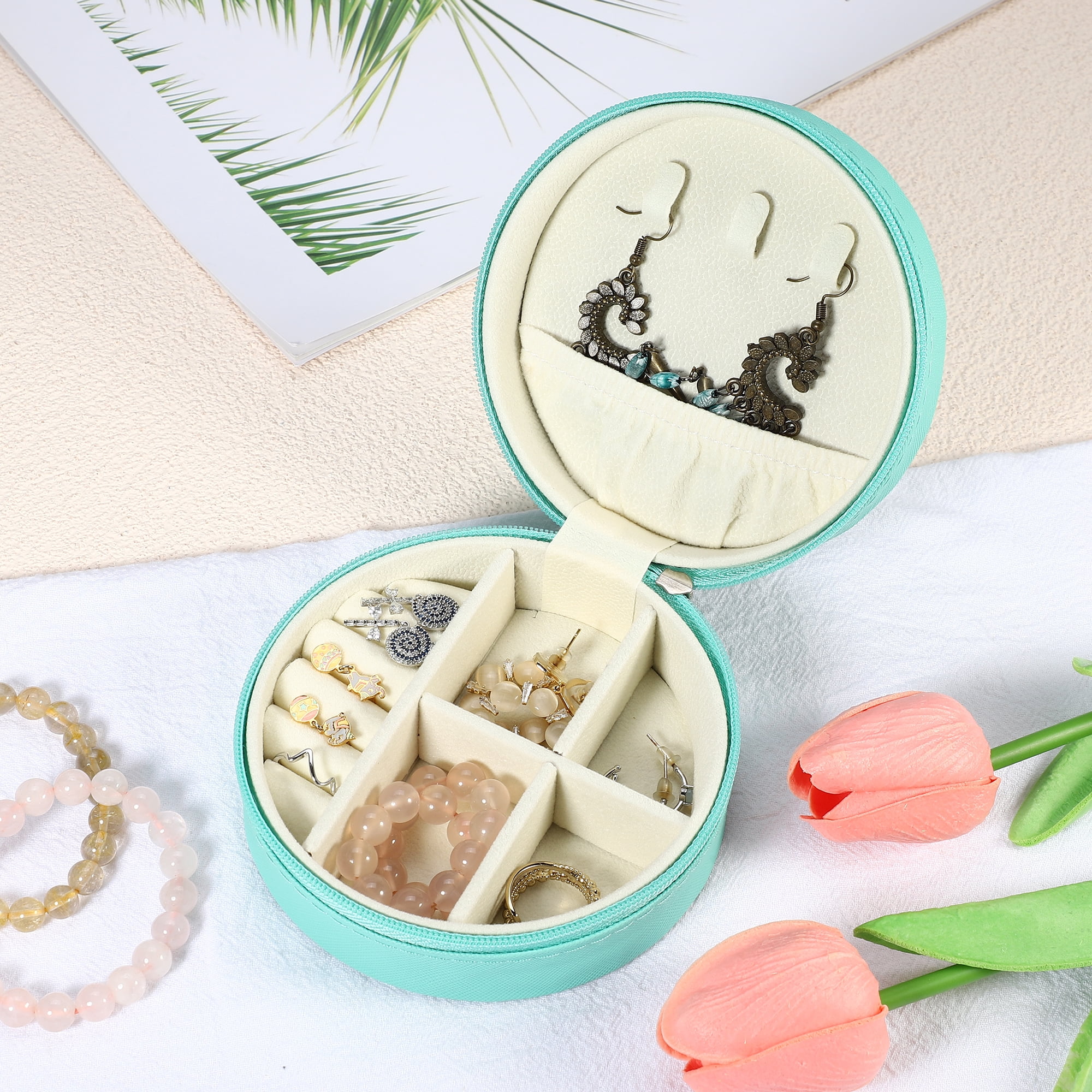 Unique Bargains 1pc Portable Round Jewelry Box for Travel Green