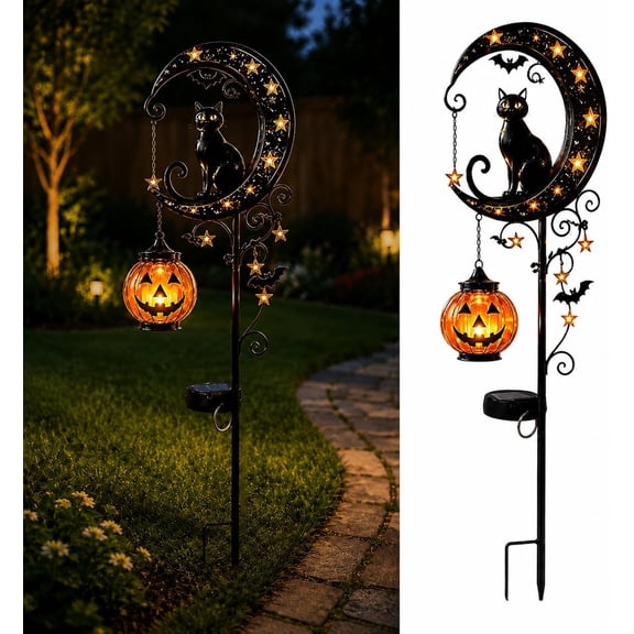 Halloween Black Cat Pumpkin Moon Solar Garden Stake Light Waterproof Metal LED Pathway Light, 33.46in High, Auto On/Off for Yard Patio Lawn Decor.