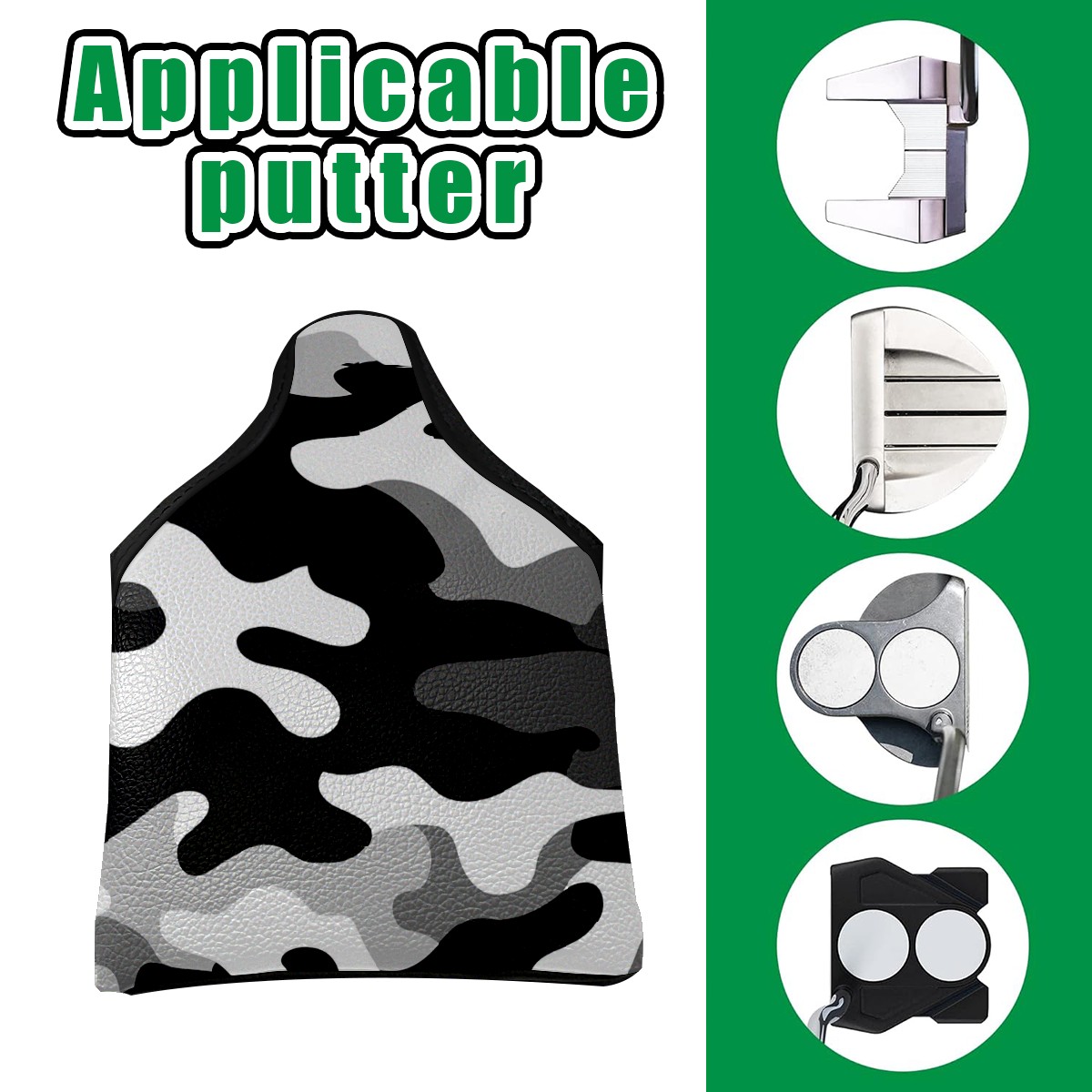 Golf Mallet Putter Cover Premium Leather Waterproof Golf Putter Head Cover with Magnetic Closure Black White Camouflage