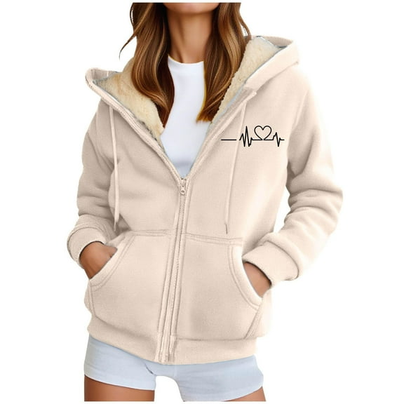 VISALY Zip Up Hoodies Oversized Sweatshirt Fleece Lined Jackets Winter Coats Long Sleeve Sweatshirts Pullover with Pockets Long Sleeve Casual Top Sweater Jacket Oversized Sweatshirts for Women Beige L