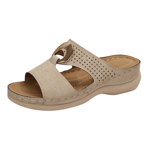Hurxie Wedge Sandals for Women Comfortable: Slip On Sandals Women Dressy Summer Flat Sandals Beige 9