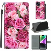 SaniMore Wallet Case for iPhone 14 Plus 6.7" 2022, PU Leather Color Painting Kickstand Wrist Strip Magnetic Clasp Cash Pocket Card Holders Shockproof Full Protective Case, Pink Rose