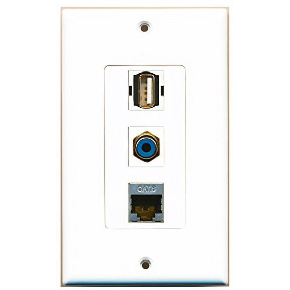 RiteAV - 1 Port RCA Blue and 1 Port USB A-A and 1 Port Shielded Cat6 Ethernet Decorative Wall Plate Decorative